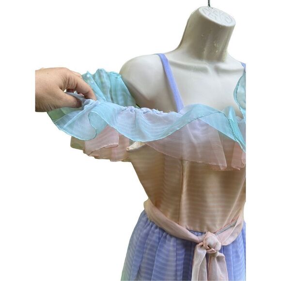 Vintage Pastel Rainbow Tulle and Ruffle 80s Off Shoulder Maxi Length Dress 7/8 - Picture 9 of 16
